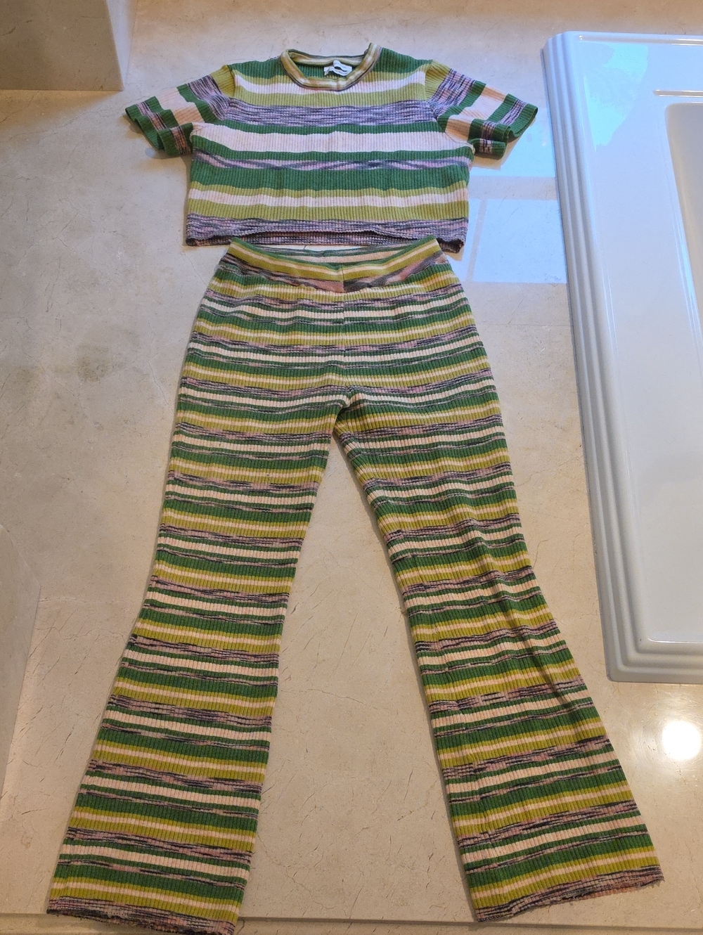 Urban Outfitters Green, Yellow & Pink Striped Ribbed Flare Pants